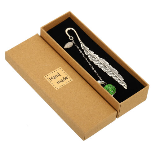 Metal Feather Bookmarks Book Marks Page Markers Gift Box Packaging Green Pendant - Afbeelding 1 van 7