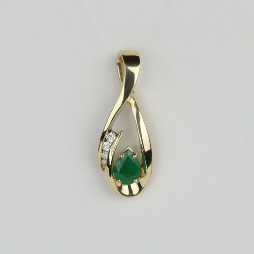 Large 14k Yellow Gold, Teardrop Emerald, Diamond Women's Necklace Pendant