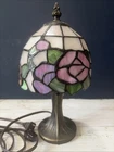 Vintage Tiffany style Mini Table Lamp Stained Glass Floral Shade Metal Base 11"