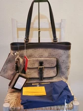 Dooney & Bourke East West Canvas  Leather Trim Donegal Crest Tote Full Inclusion