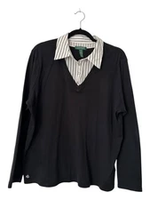Lauren Ralph Lauren Top Size 2X Black White Collard Long Sleeve Layered Look