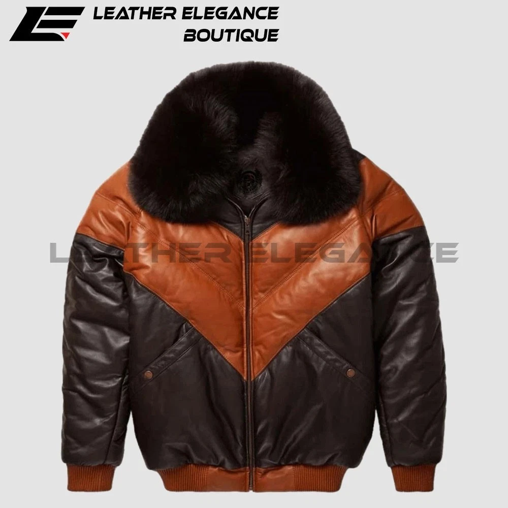 Men’s Brown & Dark Brown Leather Puffer Jacket with Faux Fur Collar