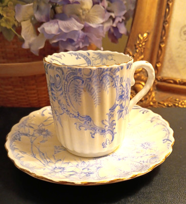  Foley Mayweed Demitasse Cup & Saucer Blue & White Floral Pattern England VTG 