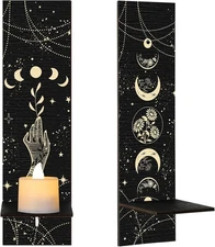 BBTO Set of 2 Boho Wooden Wall Candle Sconces Rustic Sun Moon Phases Black 
