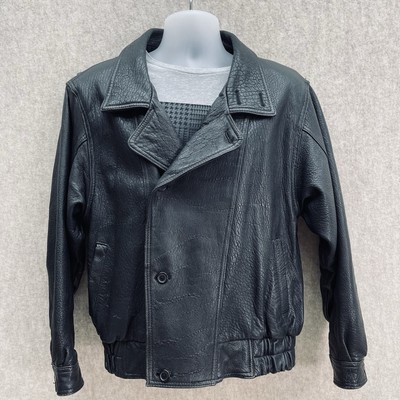 VTG GROUND ZERO Black Bomber Biker Genuine Leather Jacket Size 40 Medium