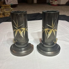 Antique Japanese Meiji Period Mixed Metal Pair of Holders - Two-Tone Inlay