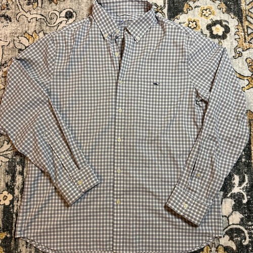 Vineyard Vines Mens L On-The-Go Performance Shirt Blue Gingham Button Down - Picture 2 of 8