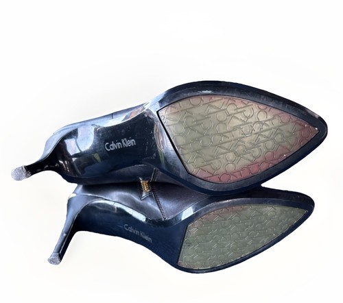 Calvin Klein Jailene Black Leather Ankle Boots Size 7.5 Gold Buckle Heels - Picture 8 of 12