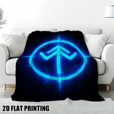 1pc Glowing Neon Blue Futuristic Symbol Flannel Throw Blanket - Soft High-Qual