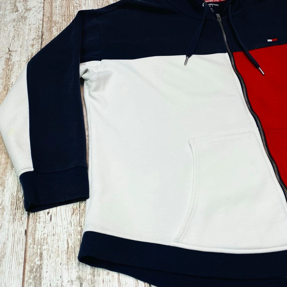 Tommy Hilfiger Sport Full Zip Hoodie Mens XL Red White Blue Drawstring 7535 - Image 3 of 4