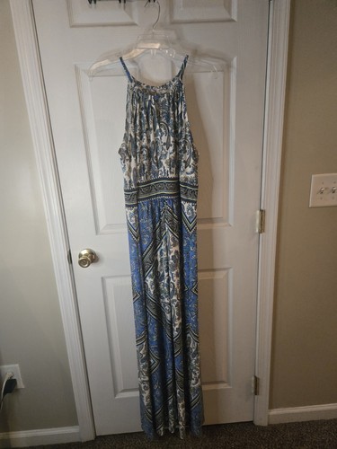 London Times langes Maxikleid Damen Größe 16 blau & beige Rundhals ärmellos