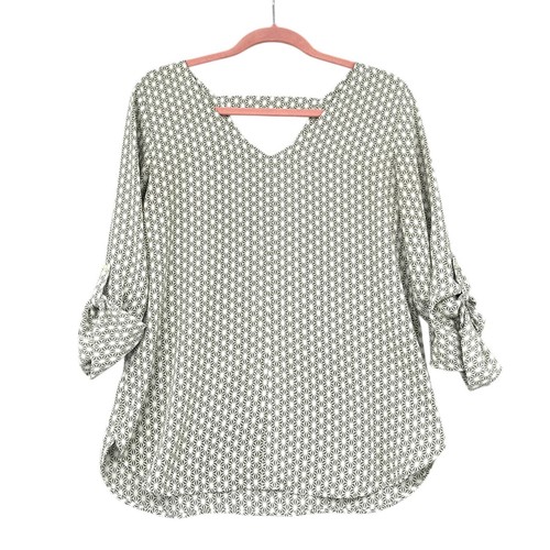 Blusa LOFT Verde Blanco Patrón Geométrico Cuello en V Manga 3/4 Pestaña Pequeña