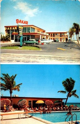 1957 Miami FL Dakar Motel Hallandale Beach A1A Googie Poolside Postcard