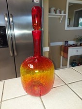 Blenko Glass Decanter 657 Tangerine Orange Crackle Glass with Stopper 14"