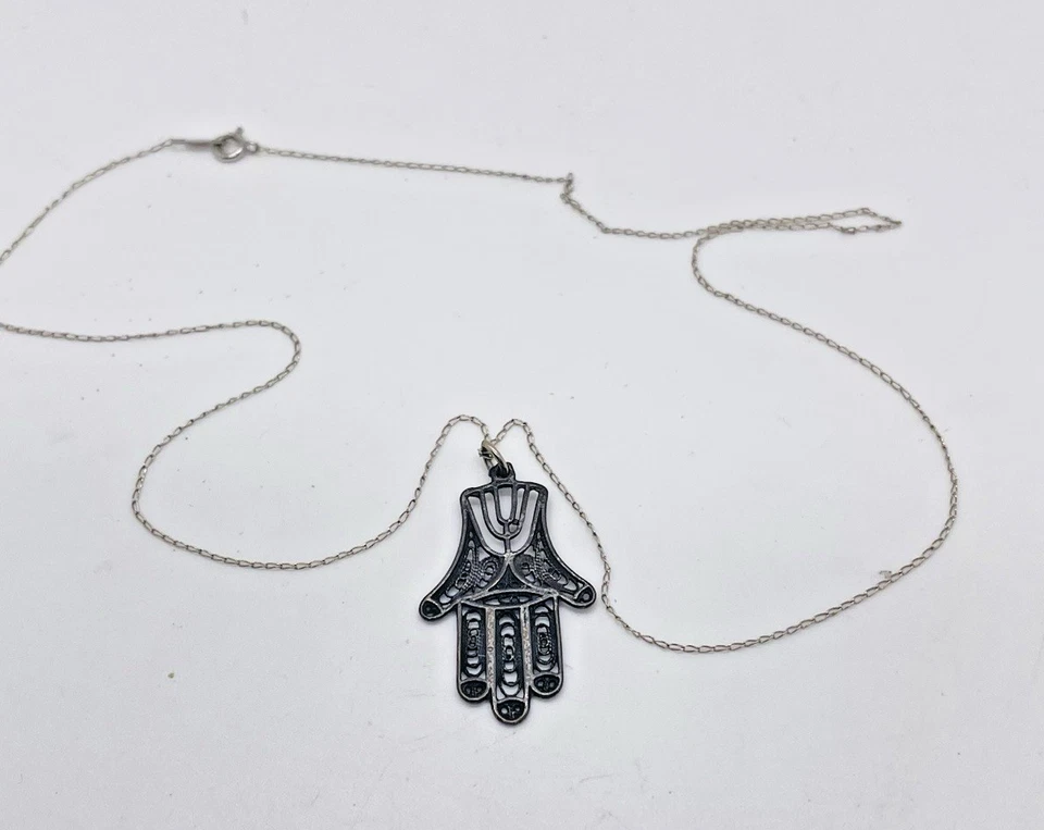 Vintage 14K White Gold Chain & Sterling Silver Hamsa Pendant – Israel - Image 3 of 4