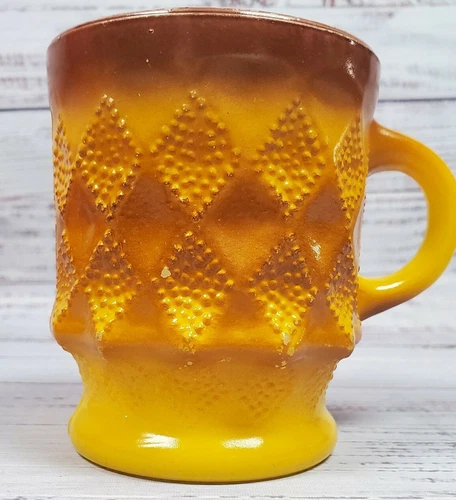 Vintage Anchor Hocking Oven Proof Yellow/Brown Kimberly Diamond Coffee Mug Cup