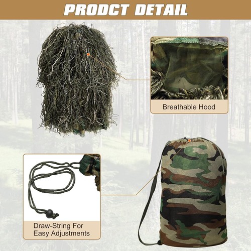 5 in 1 Ghillie Suit, 3D Camouflage Hunting Apparel w/Jacket, Pants, Hood, Car... - Picture 9 of 10