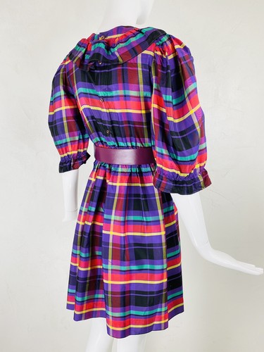 Vintage YVES SAINT LAURENT YSL kurzes Abendkleid lila kariert Seide Rüsche, S - Bild 4 von 12