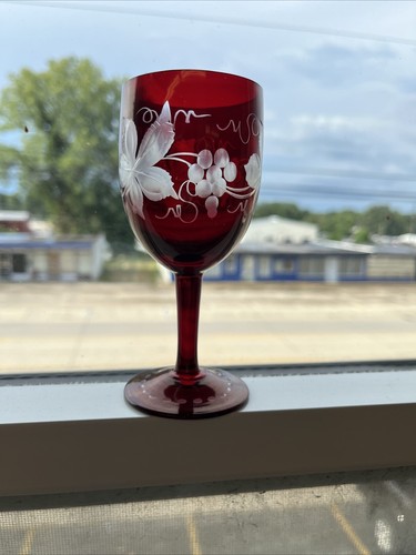 Vintage Engermann Bohemian Fine Crystal Cordial Glass Ruby Red Etched Grapes - Picture 11 of 13