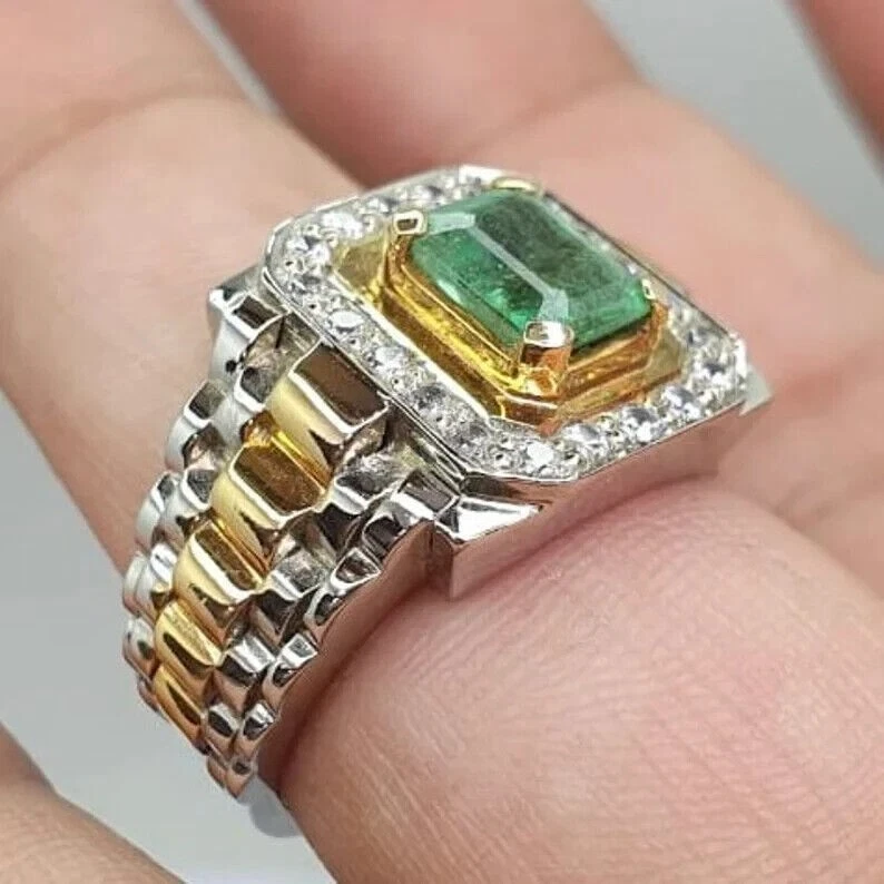 Anillo meñique de diamantes y esmeraldas verdes naturales corte esmeralda oro multicolor de 14 quilates para hombre Foto 4 de 4