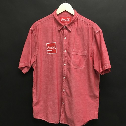Mens Large COCA-COLA Short Sleeve Cotton Linen Work Shirt Patch Official Red 5c - Picture 2 of 5