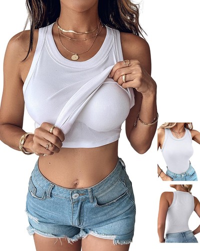 Damen Gerippt Integrierter BH Tank Tops Ärmellos Freizeit Racerback Weiß S