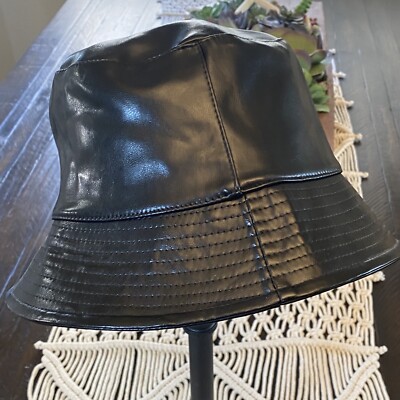 ANTHROPOLOGIE | Black Faux Leather Bucket Hat NWT Anthropologie Black Faux-Leather Bucket Hat with Sherpa Trim  main image 2