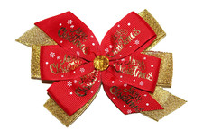 WD2U Girls Deluxe Gold  Red Merry Christmas Holiday Hair Bow Alligator Clip USA