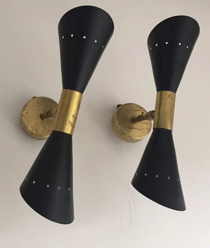 Pair of Stilnovo Style Diabolo Model Brass Black Italian Sconces Wall Light Lamp - Foto 2 di 6