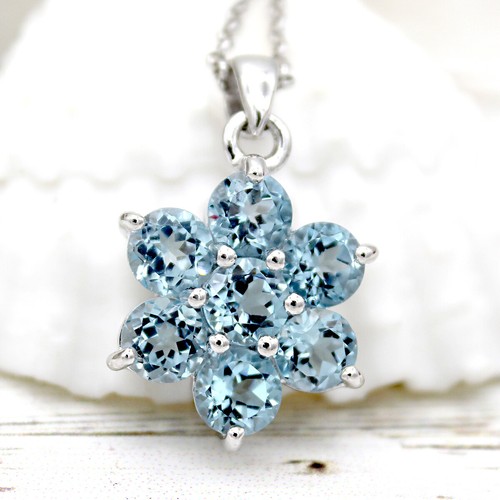 Flower Cluster Sky Blue Topaz Pendant Necklace 925 Sterling Silver Free Chain - Picture 1 of 8