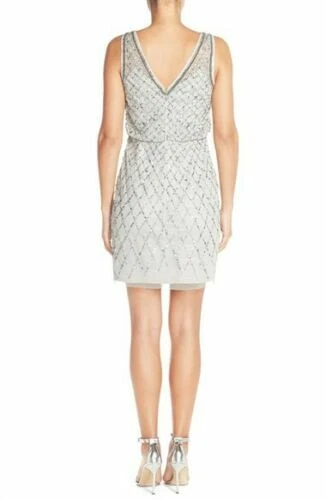 Vestido Vaina Blusa Adrianna Papell Cuentas Cuello en V Plateado Talla 4 #D100 Foto 2 de 4