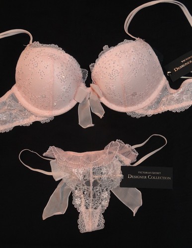 34C, M NWT Victoria's Secret Designer Set Push Up Bra,V-String Peach Embellished - Picture 2 of 10