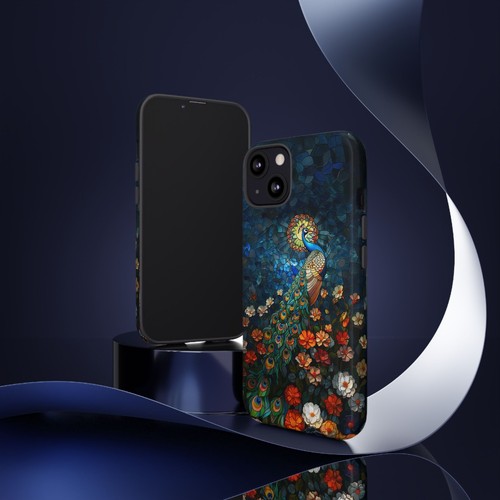 For iPhone, Galaxy, Pixel Phone Case Cover - Blue Stained Glass Peacock Flower - Picture 64 of 242