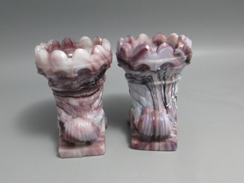 Pair of Purple Malachite Glass Cornucopia/Shell of Plenty Vases - Marble/Slag - Picture 8 of 11