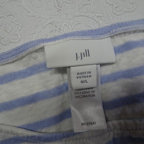 J. Jill Size M/L Striped 100% Linen Poncho Top Blouse White Blue Fringe Hem - Picture 6 of 7