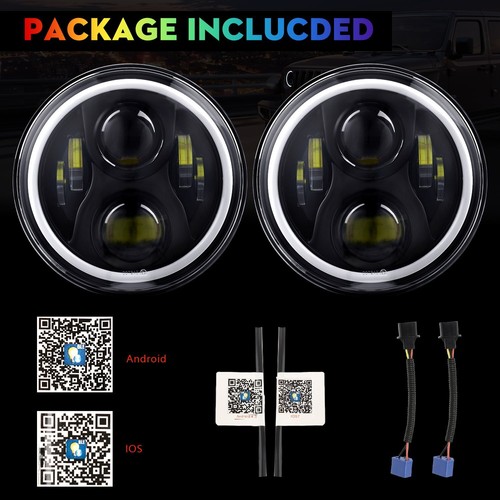 Pair Round Muti-Color 7'' RGB LED Halo Headlights Combo Kit for Jeep Wrangler JK - Picture 10 of 16