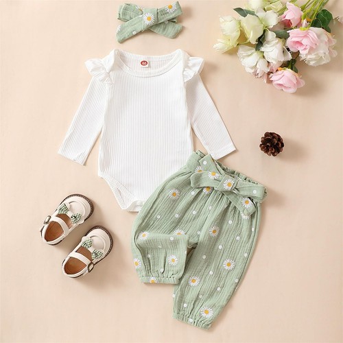 Newborn Baby Girl Clothes Rib Knit Romper Daisy Print Pants Infant Girl Outfi... - Picture 2 of 7