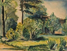 Vintage watercolour painting small villa with beautiful garden landscape