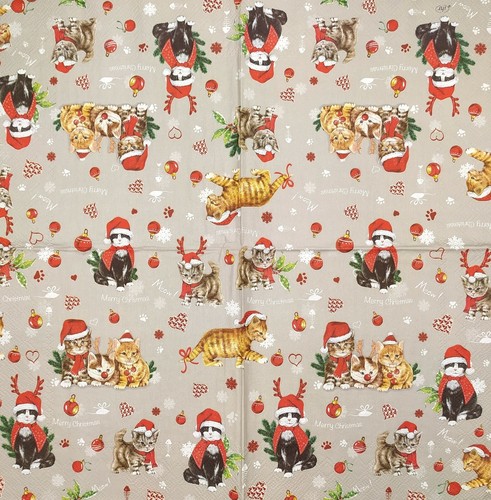 P492# 3 servilletas de papel individuales para gatos navideños decoupage con patrón de gorras de Santa Claus - Imagen 2 de 10