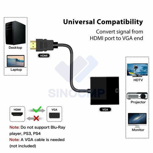 VGA Female To HDMI Male 1080P Video Cable HDTV PC Cord Converter - Picture 2 of 3