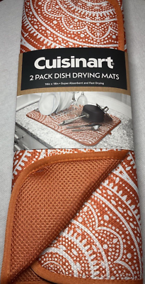 CUISINART KITCHEN DISH DRYING MATS (2) ORANGE WHITE MICROFIBER 16