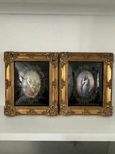 Pair Antique Framed Cameo Silk  Portraits 13" x 11" Rococo Baroque Hollywood Reg