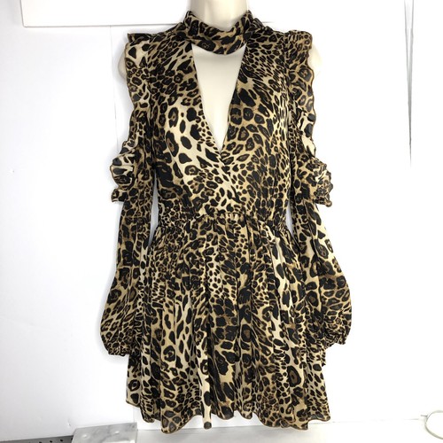 Oh Polly Open Shoulder Leopard Animal Print Mini Dress Size 2 Balloon Sleeves