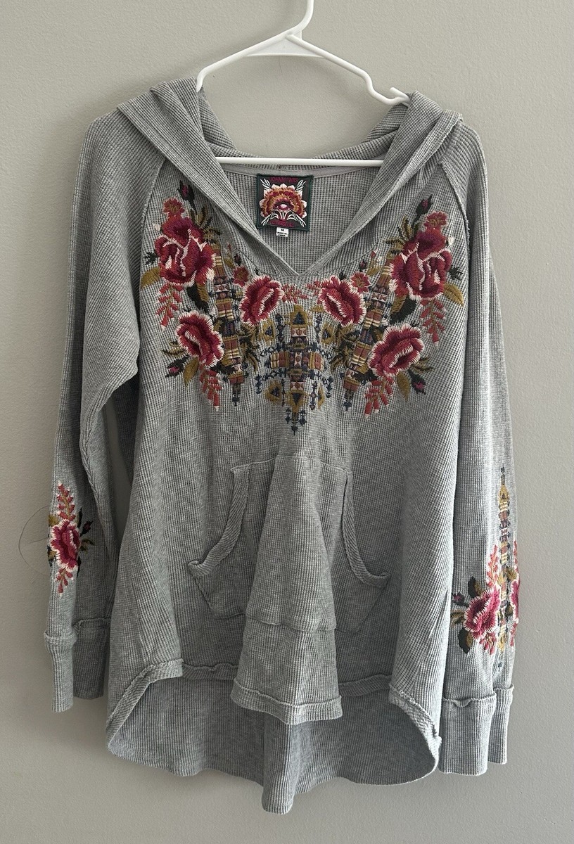 Johnny Was Axton Waffle Knit Embroidered Sweatshirt Hoodie