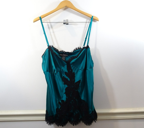 Dana Buchman Y2K Silk Camisole Lace Trim Size 14 Green Black Sexy Lingerie NOS