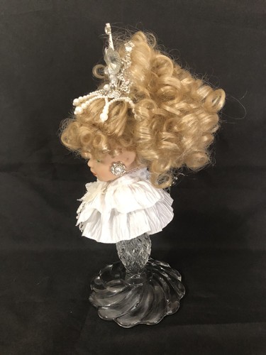 Upcycle Art ASSEMBLAGE OOAK Porcelain DOLL HEAD Crystal Candlestick Base CATHY - Picture 6 of 9
