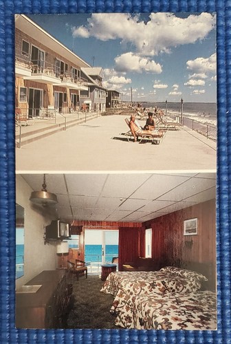 Vintage 1960's The Beach Front Lodge w/ Sunbathers on Wells Beach Maine Postcard