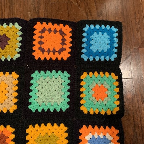 Vintage Granny Square Multicolor Black Bedspread Blanket 62x44 - Picture 11 of 24