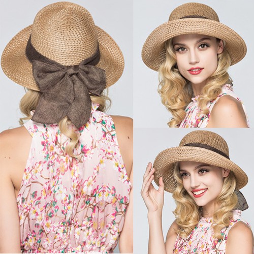 Summer Wide Brim Sun Hat Sunscreen Cap Bow Foldable Solid Color Straw Hat - Picture 6 of 12