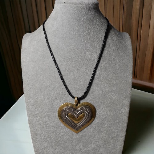 Vintage Jeep Collins Sterling Silver Brass Heart Pendant Necklace Hammered Metal - Picture 4 of 11